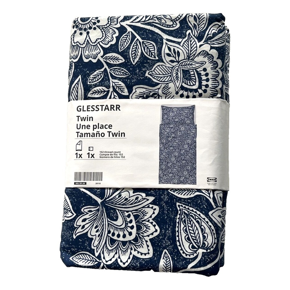 New Ikea GLESSTARR Twin Duvet cover and pillowcase dark blue/white Floral